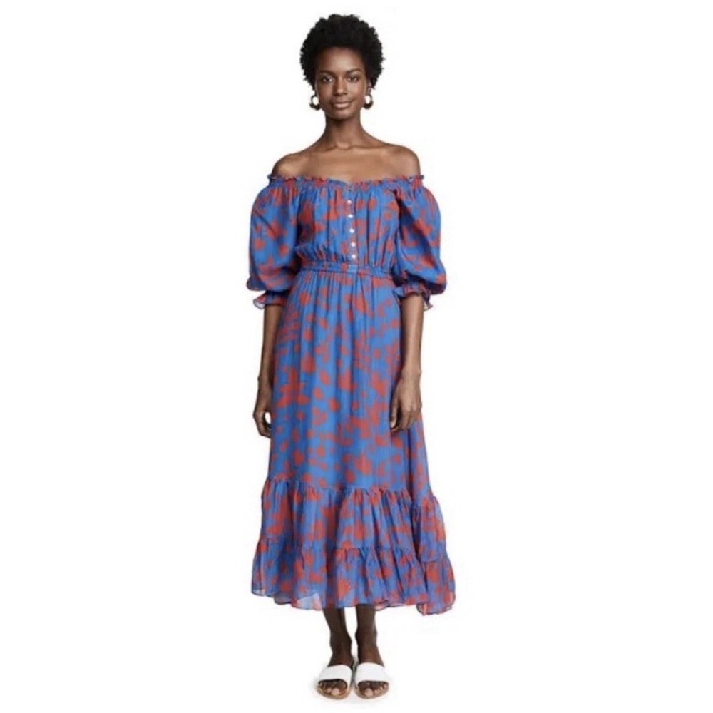 CAROLINA K Blue Alexa Midi Off Shoulder Floral‎ Size XS/S Blue/Red Silk